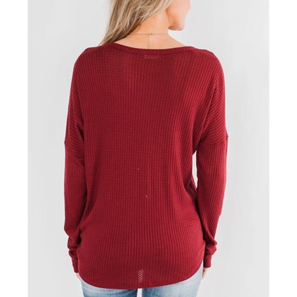 ADORA Thermal Button Knot Top Long Sleeve V-Neck Waffle Knit Burgundy Womens L - Picture 2 of 7